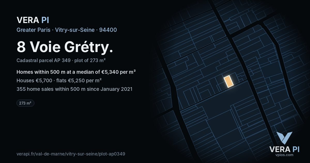 8 Voie Grétry, Vitry-sur-Seine at night – the plot lit, the parcels around coloured by the prices near them