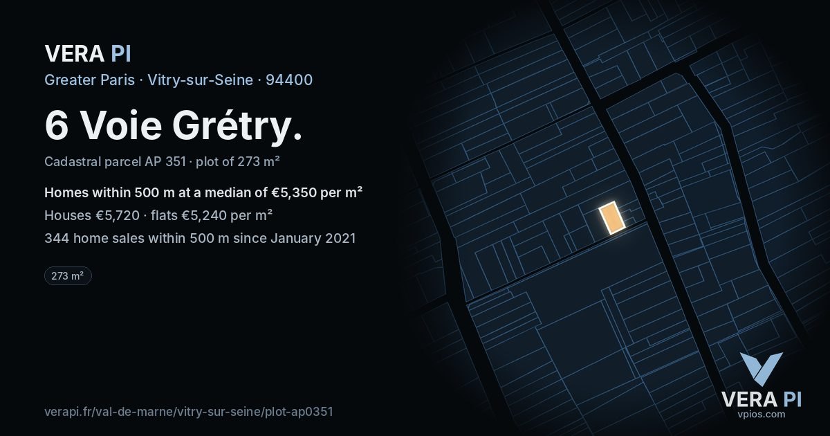 6 Voie Grétry, Vitry-sur-Seine at night – the plot lit, the parcels around coloured by the prices near them