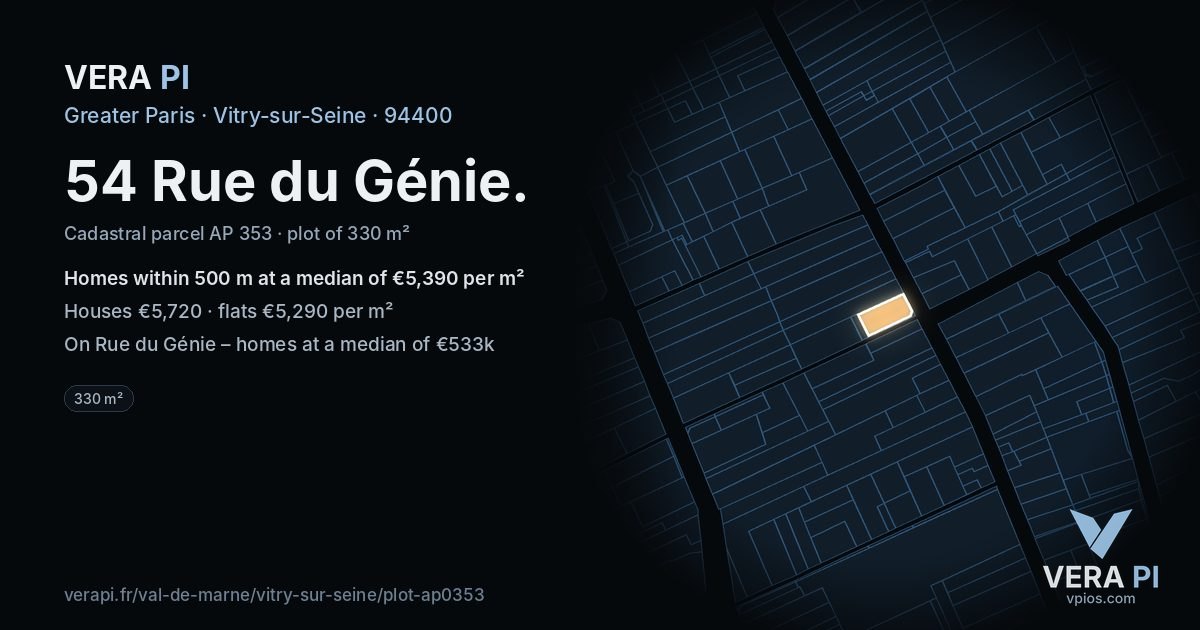 54 Rue du Génie, Vitry-sur-Seine at night – the plot lit, the parcels around coloured by the prices near them