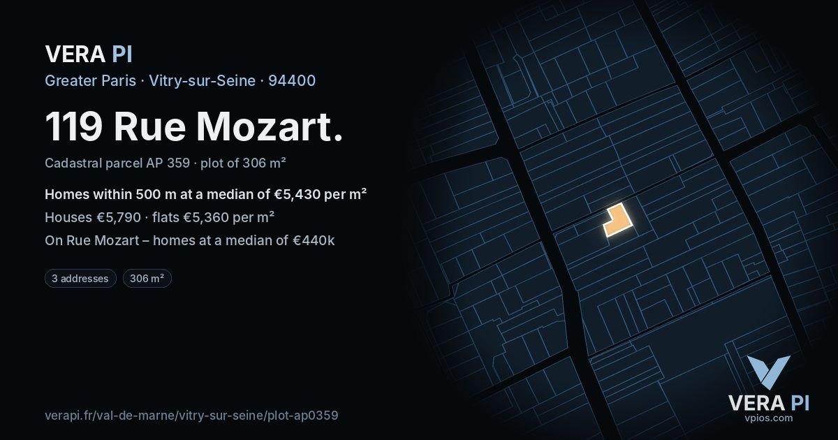 119 Rue Mozart, Vitry-sur-Seine at night – the plot lit, the parcels around coloured by the prices near them
