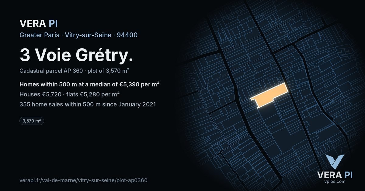 3 Voie Grétry, Vitry-sur-Seine at night – the plot lit, the parcels around coloured by the prices near them