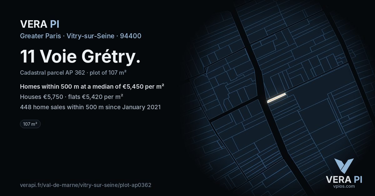 11 Voie Grétry, Vitry-sur-Seine at night – the plot lit, the parcels around coloured by the prices near them
