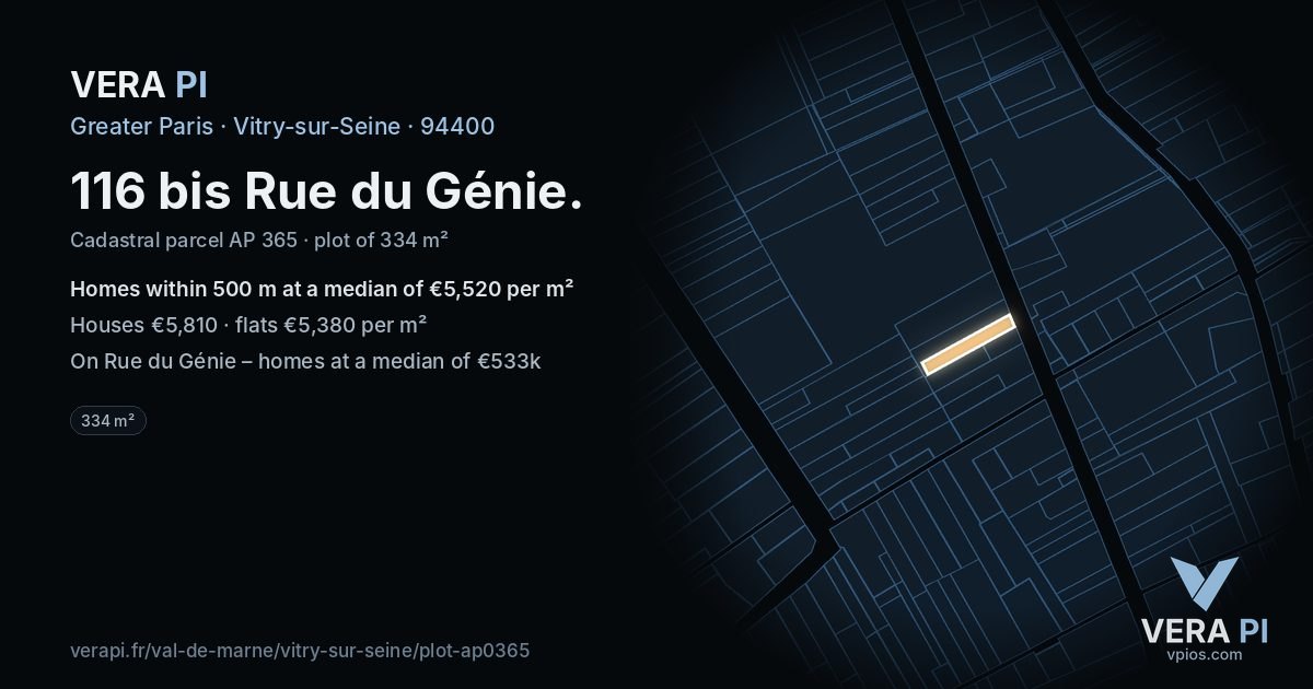 116 bis Rue du Génie, Vitry-sur-Seine at night – the plot lit, the parcels around coloured by the prices near them