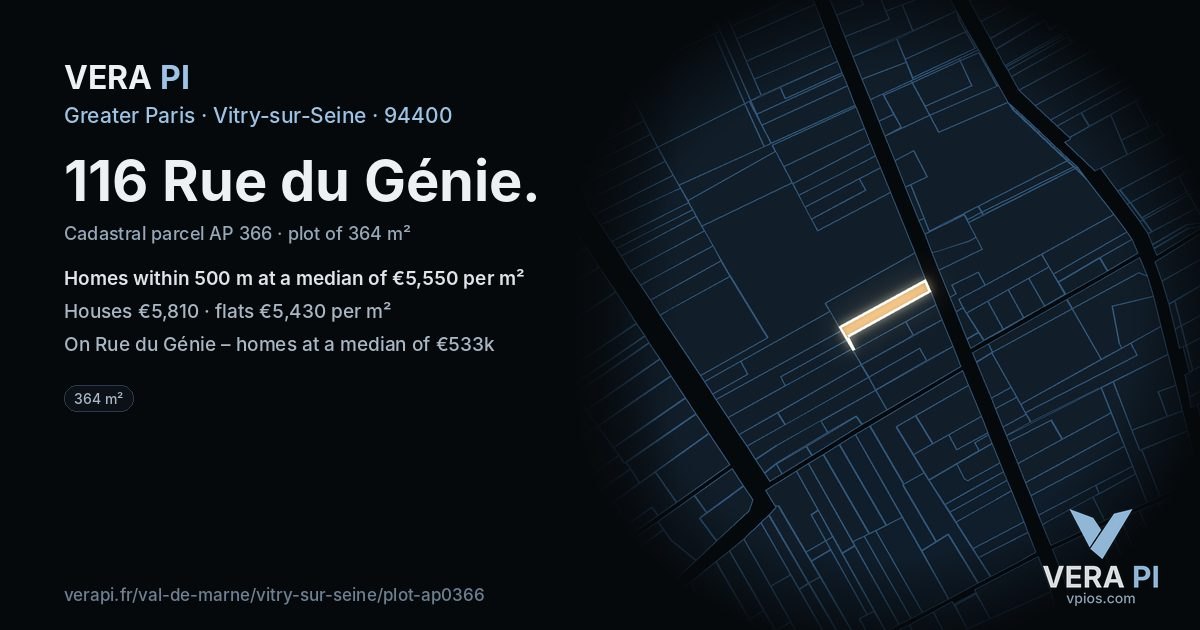 116 Rue du Génie, Vitry-sur-Seine at night – the plot lit, the parcels around coloured by the prices near them