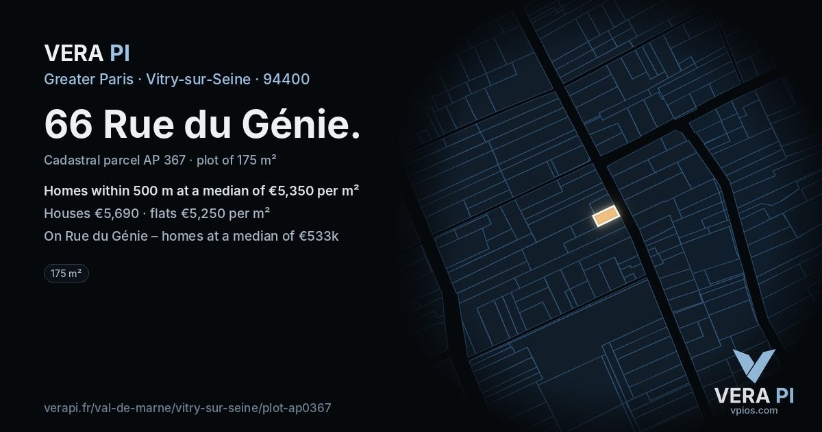 66 Rue du Génie, Vitry-sur-Seine at night – the plot lit, the parcels around coloured by the prices near them