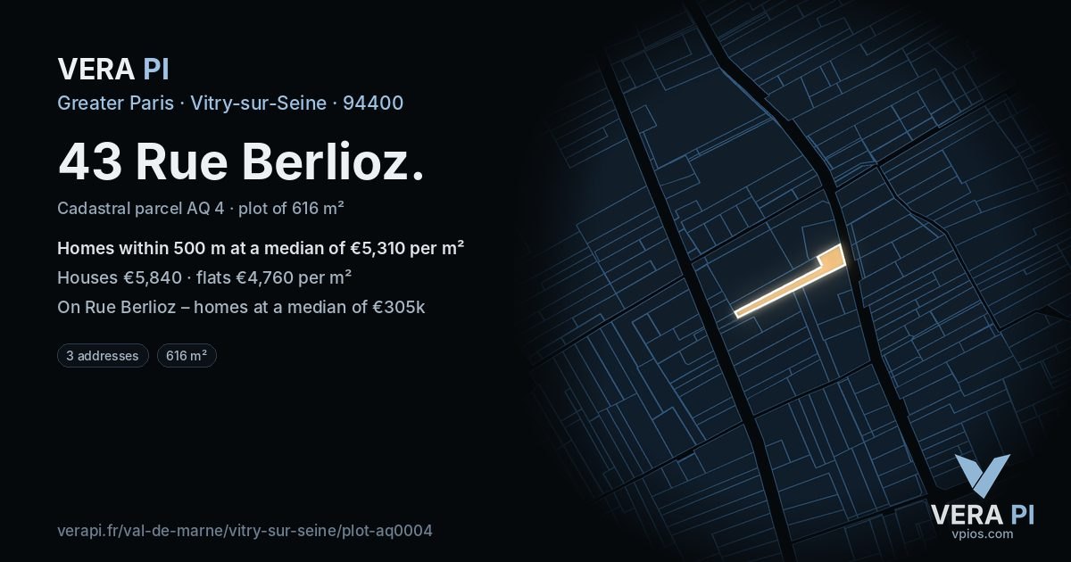43 Rue Berlioz, Vitry-sur-Seine at night – the plot lit, the parcels around coloured by the prices near them