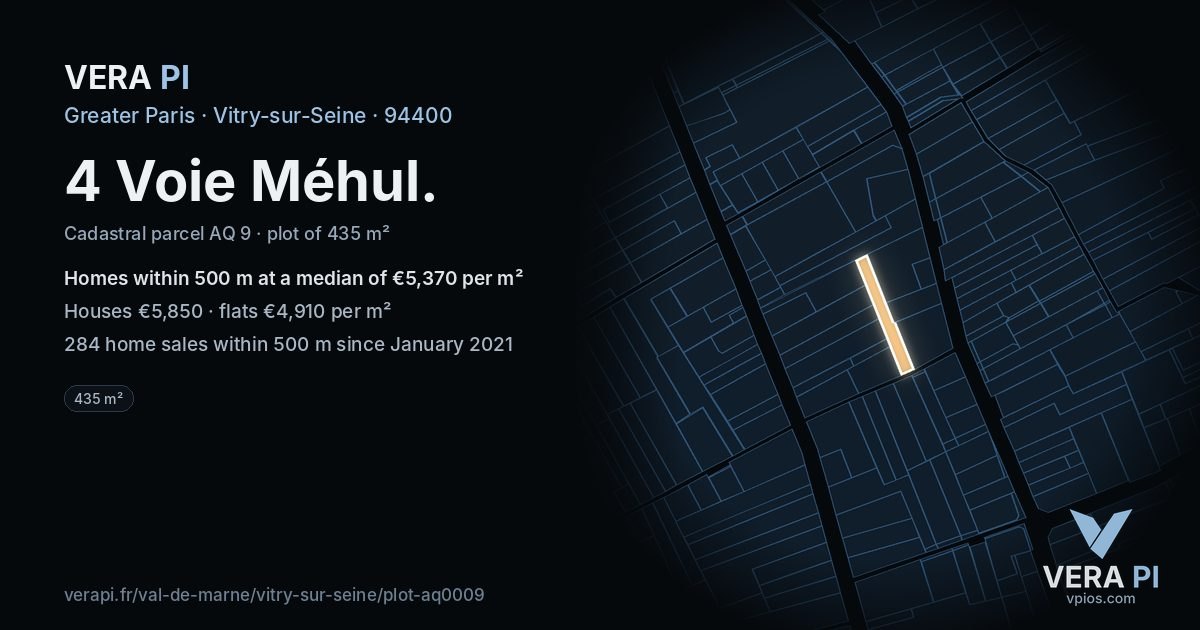 4 Voie Méhul, Vitry-sur-Seine at night – the plot lit, the parcels around coloured by the prices near them