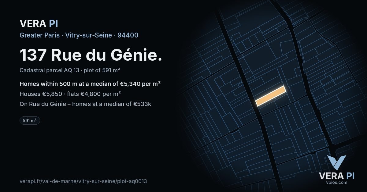 137 Rue du Génie, Vitry-sur-Seine at night – the plot lit, the parcels around coloured by the prices near them