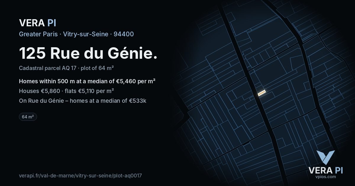 125 Rue du Génie, Vitry-sur-Seine at night – the plot lit, the parcels around coloured by the prices near them