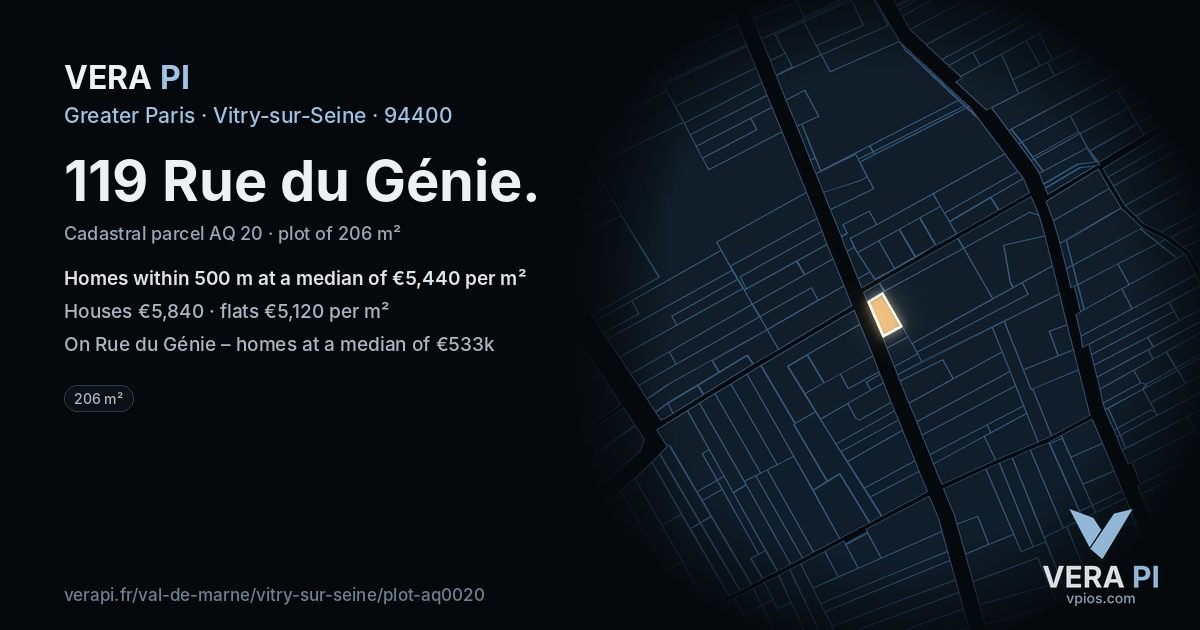 119 Rue du Génie, Vitry-sur-Seine at night – the plot lit, the parcels around coloured by the prices near them