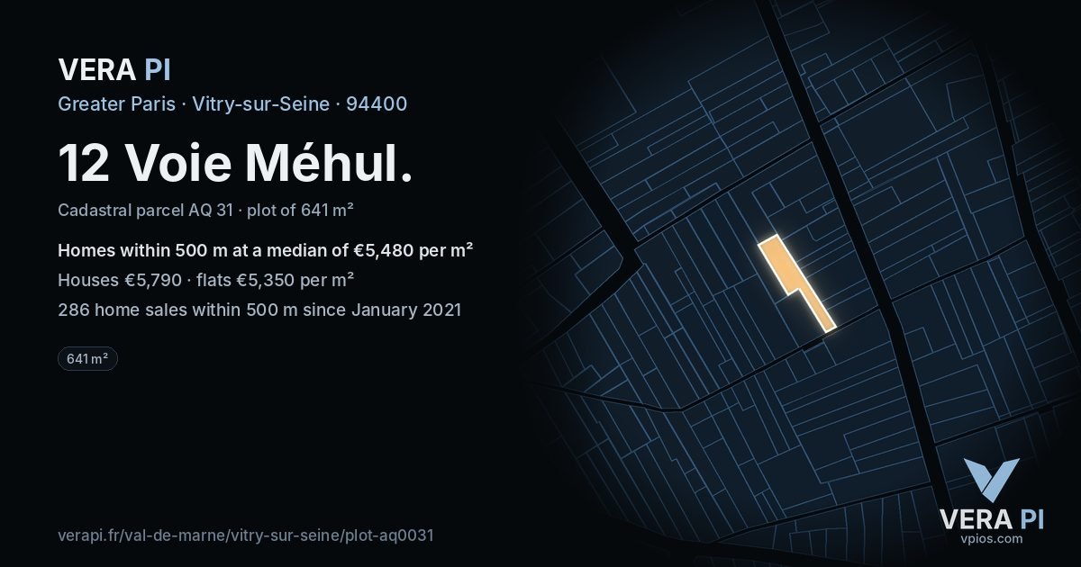 12 Voie Méhul, Vitry-sur-Seine at night – the plot lit, the parcels around coloured by the prices near them