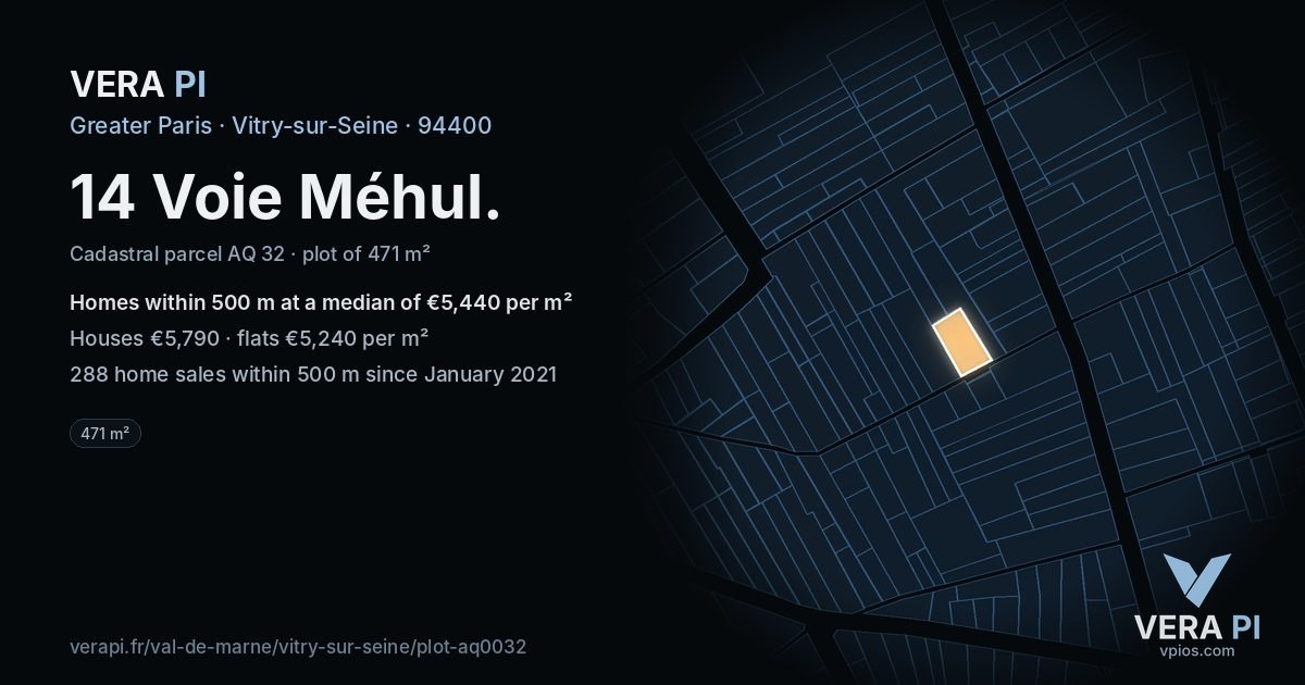 14 Voie Méhul, Vitry-sur-Seine at night – the plot lit, the parcels around coloured by the prices near them
