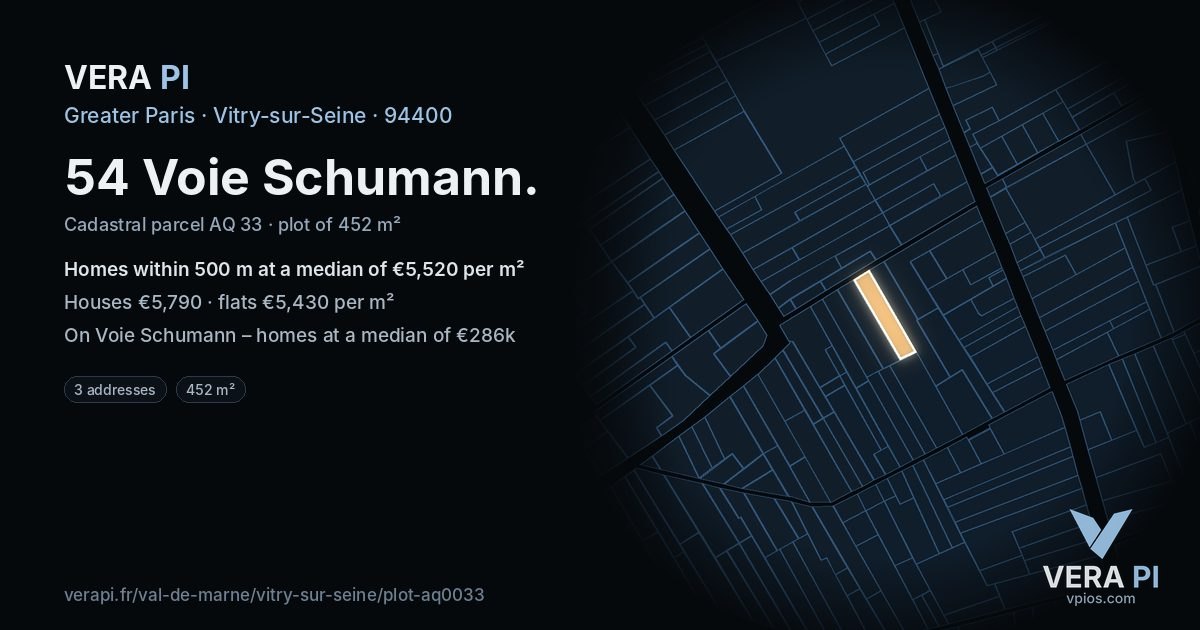 54 Voie Schumann, Vitry-sur-Seine at night – the plot lit, the parcels around coloured by the prices near them