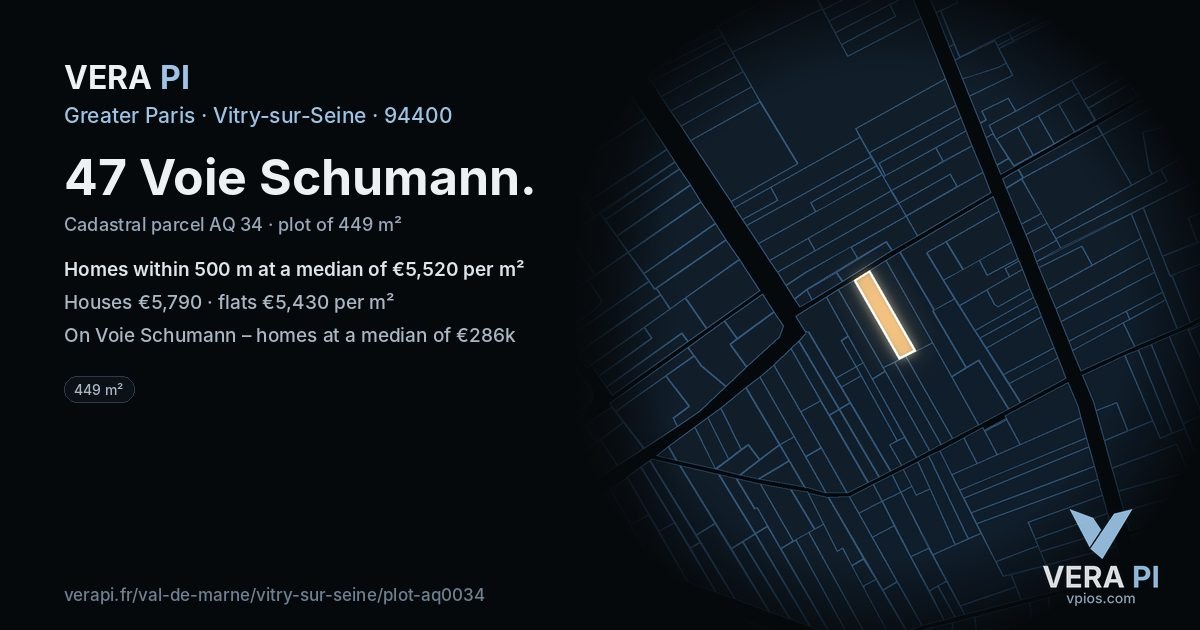 47 Voie Schumann, Vitry-sur-Seine at night – the plot lit, the parcels around coloured by the prices near them
