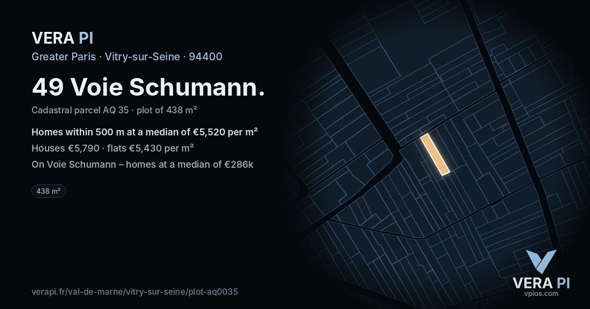 49 Voie Schumann, Vitry-sur-Seine at night – the plot lit, the parcels around coloured by the prices near them