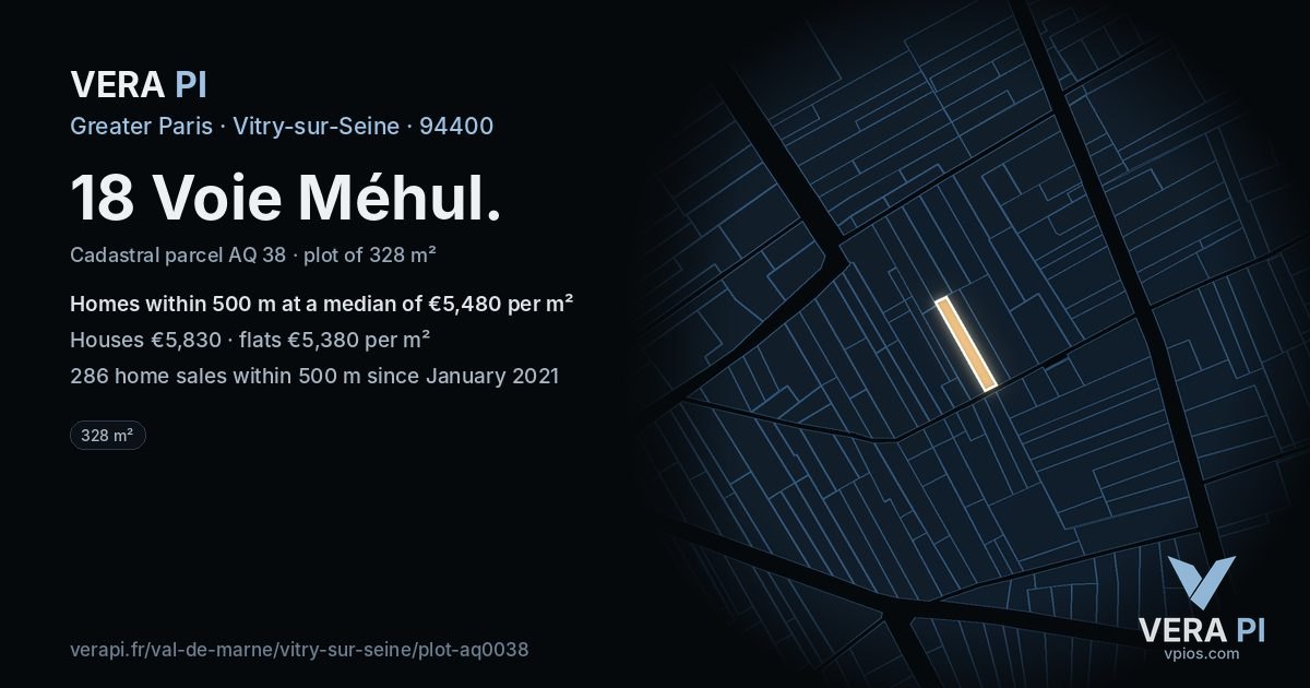 18 Voie Méhul, Vitry-sur-Seine at night – the plot lit, the parcels around coloured by the prices near them