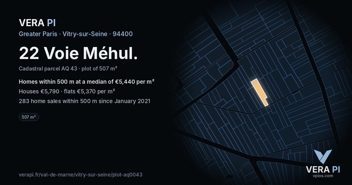 22 Voie Méhul, Vitry-sur-Seine at night – the plot lit, the parcels around coloured by the prices near them