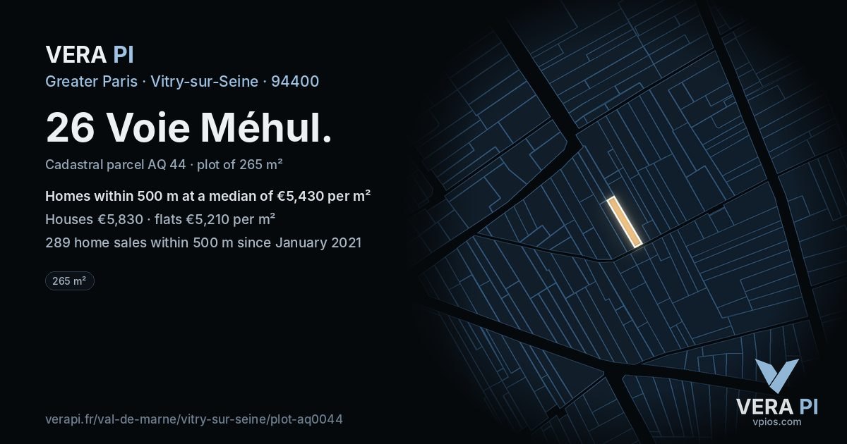 26 Voie Méhul, Vitry-sur-Seine at night – the plot lit, the parcels around coloured by the prices near them
