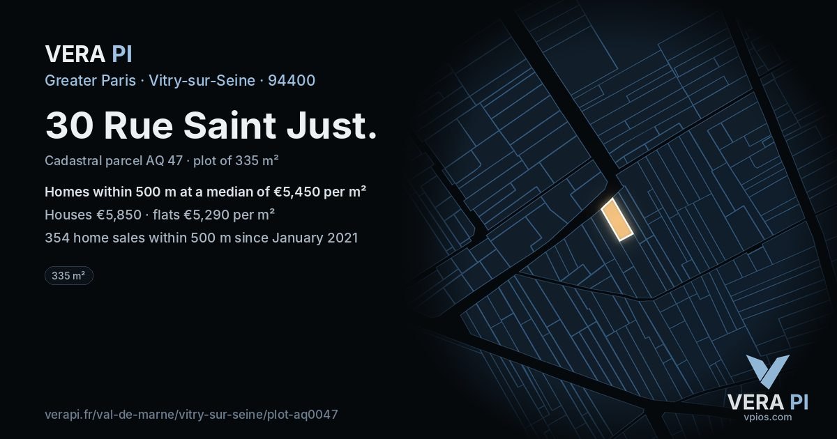 30 Rue Saint Just, Vitry-sur-Seine at night – the plot lit, the parcels around coloured by the prices near them