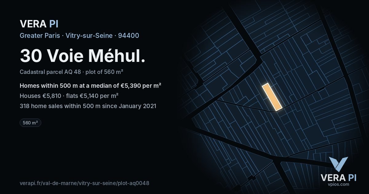 30 Voie Méhul, Vitry-sur-Seine at night – the plot lit, the parcels around coloured by the prices near them