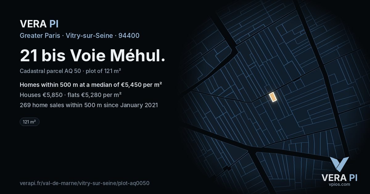 21 bis Voie Méhul, Vitry-sur-Seine at night – the plot lit, the parcels around coloured by the prices near them