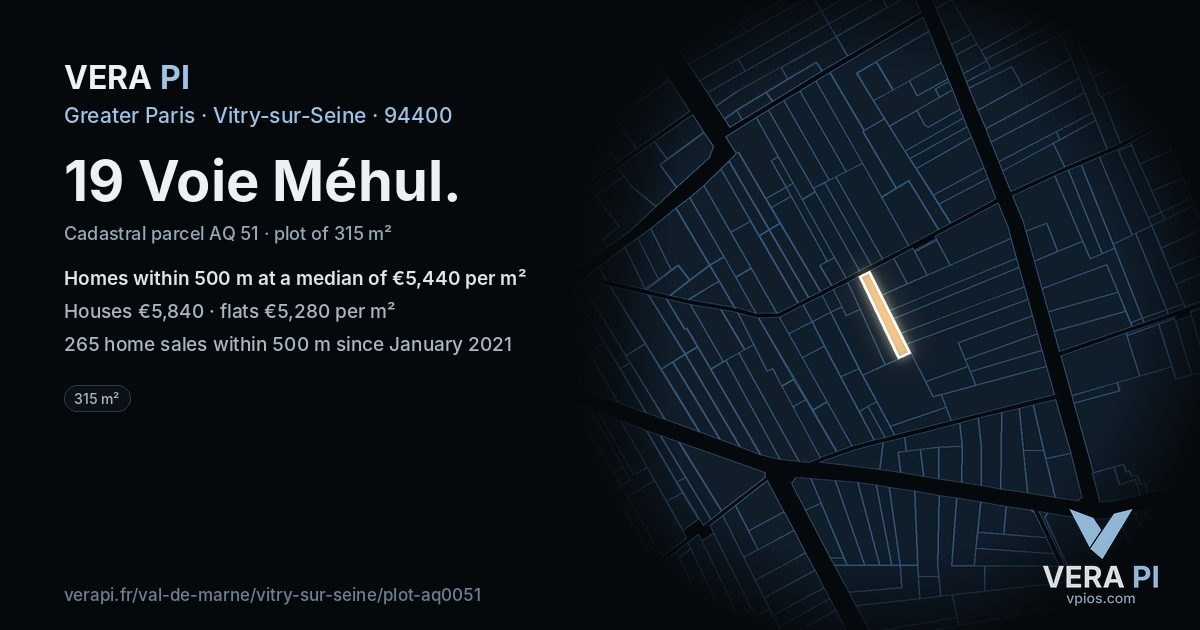 19 Voie Méhul, Vitry-sur-Seine at night – the plot lit, the parcels around coloured by the prices near them