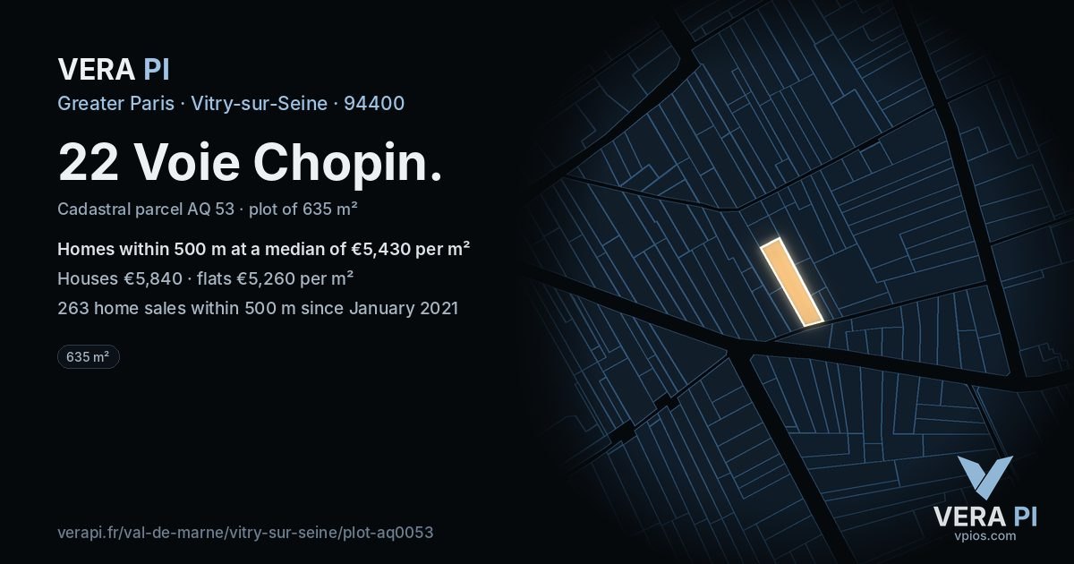 22 Voie Chopin, Vitry-sur-Seine at night – the plot lit, the parcels around coloured by the prices near them