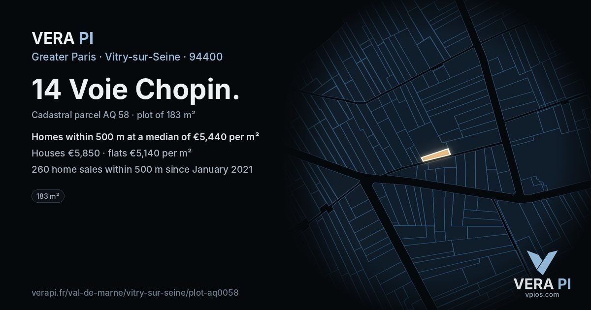 14 Voie Chopin, Vitry-sur-Seine at night – the plot lit, the parcels around coloured by the prices near them