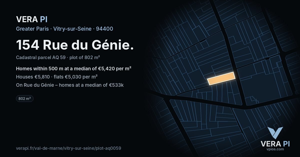 154 Rue du Génie, Vitry-sur-Seine at night – the plot lit, the parcels around coloured by the prices near them