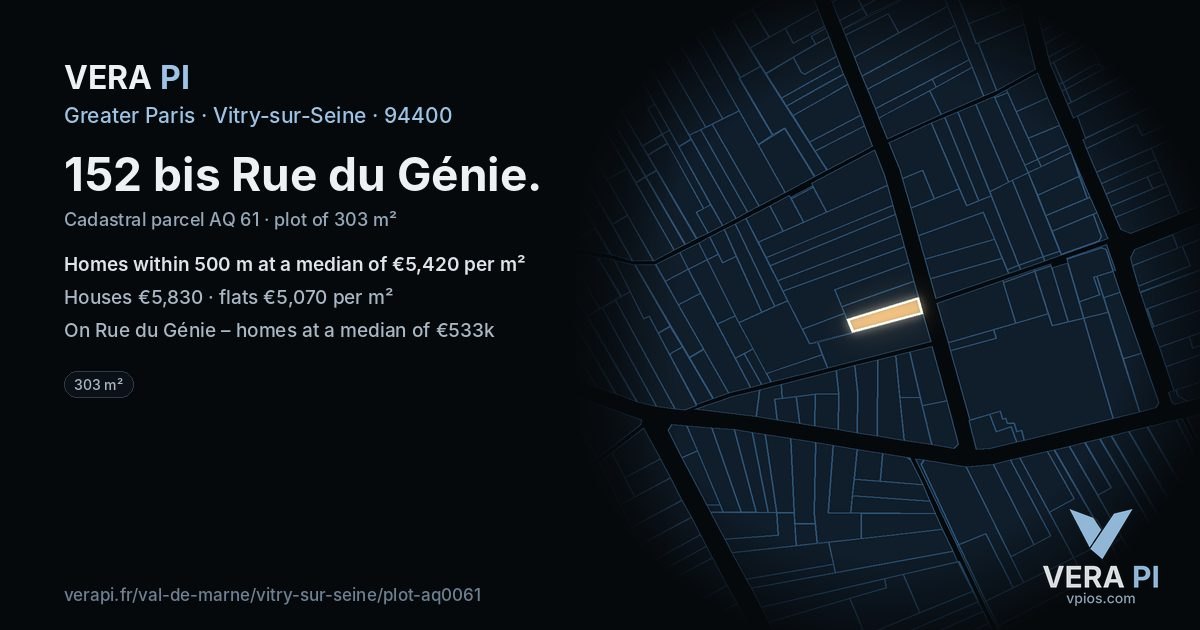 152 bis Rue du Génie, Vitry-sur-Seine at night – the plot lit, the parcels around coloured by the prices near them