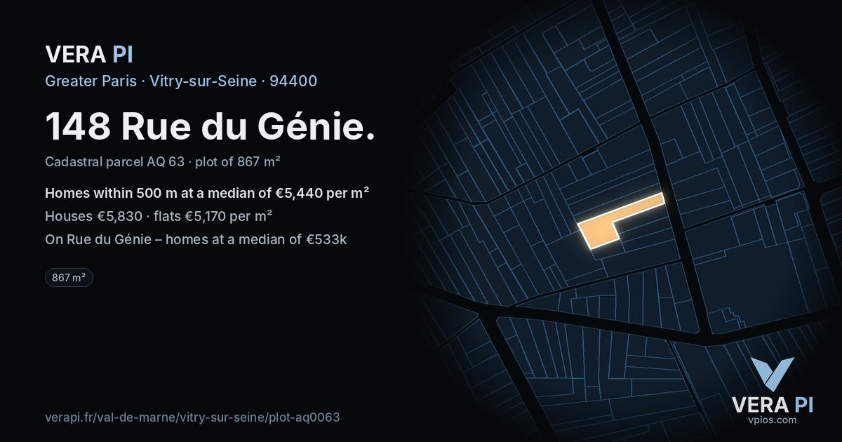 148 Rue du Génie, Vitry-sur-Seine at night – the plot lit, the parcels around coloured by the prices near them