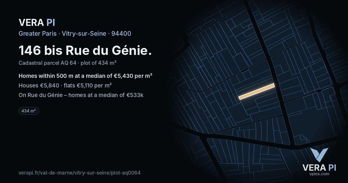 146 bis Rue du Génie, Vitry-sur-Seine at night – the plot lit, the parcels around coloured by the prices near them
