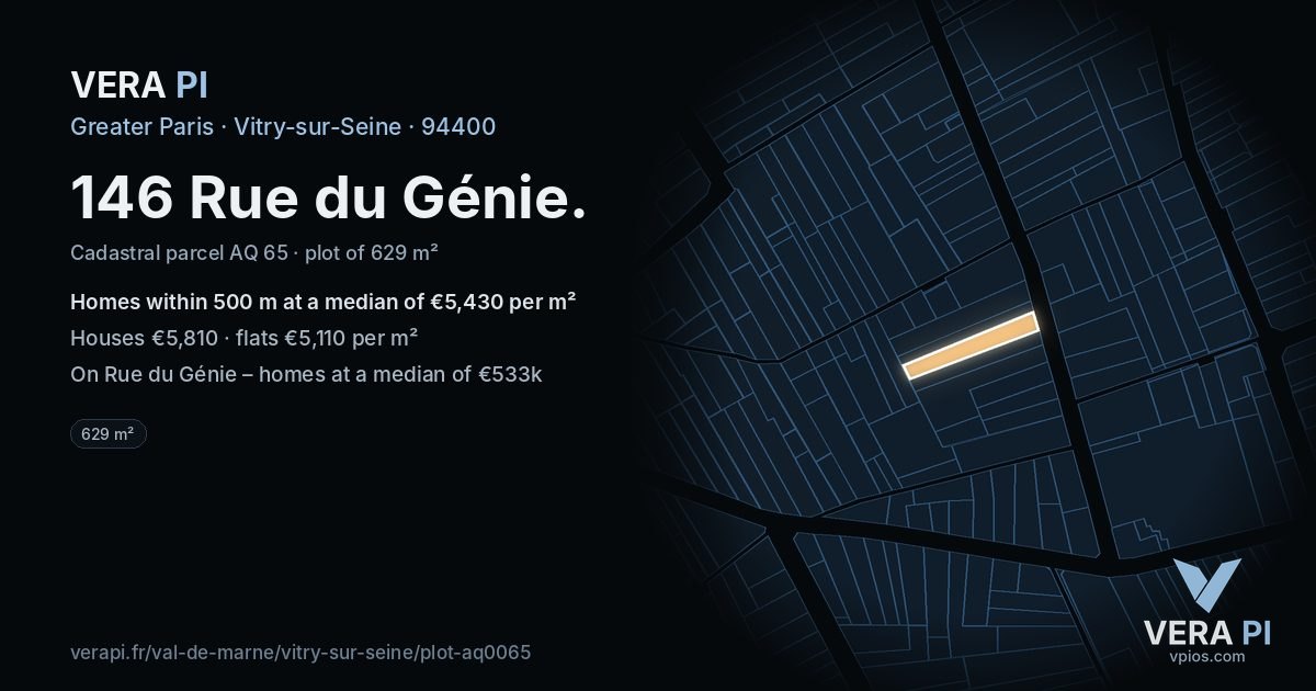 146 Rue du Génie, Vitry-sur-Seine at night – the plot lit, the parcels around coloured by the prices near them
