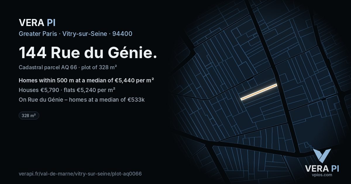 144 Rue du Génie, Vitry-sur-Seine at night – the plot lit, the parcels around coloured by the prices near them
