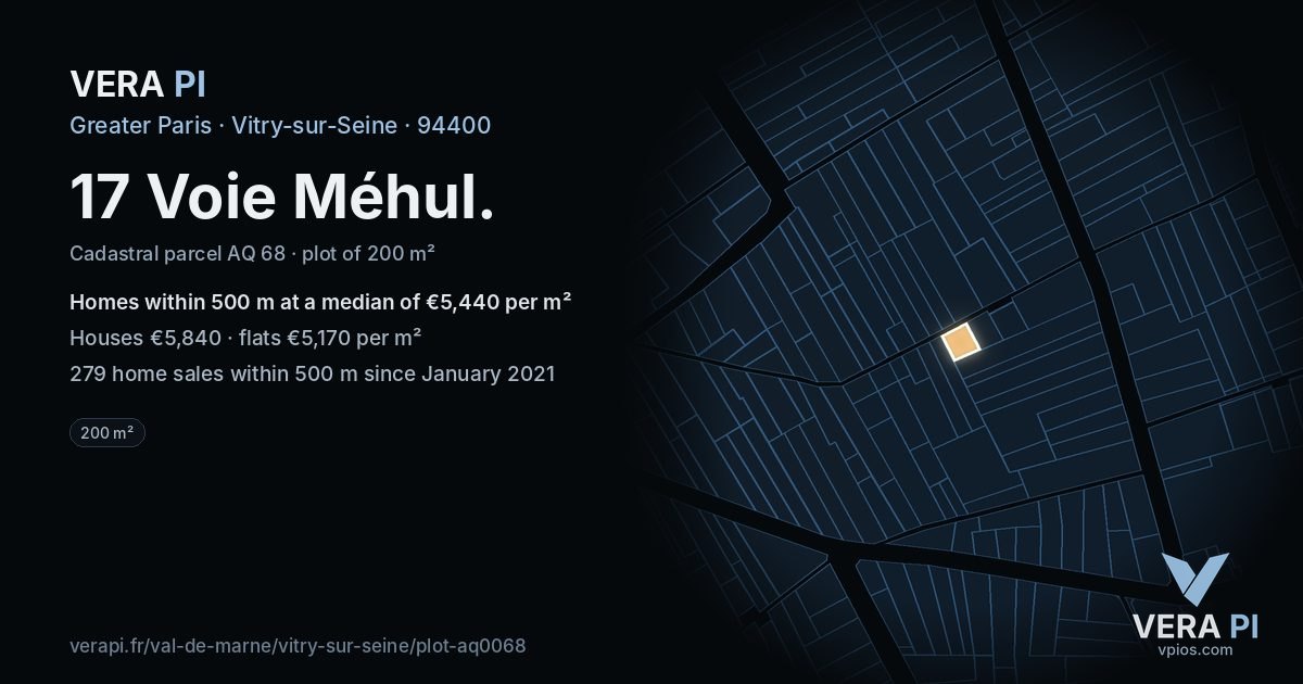 17 Voie Méhul, Vitry-sur-Seine at night – the plot lit, the parcels around coloured by the prices near them