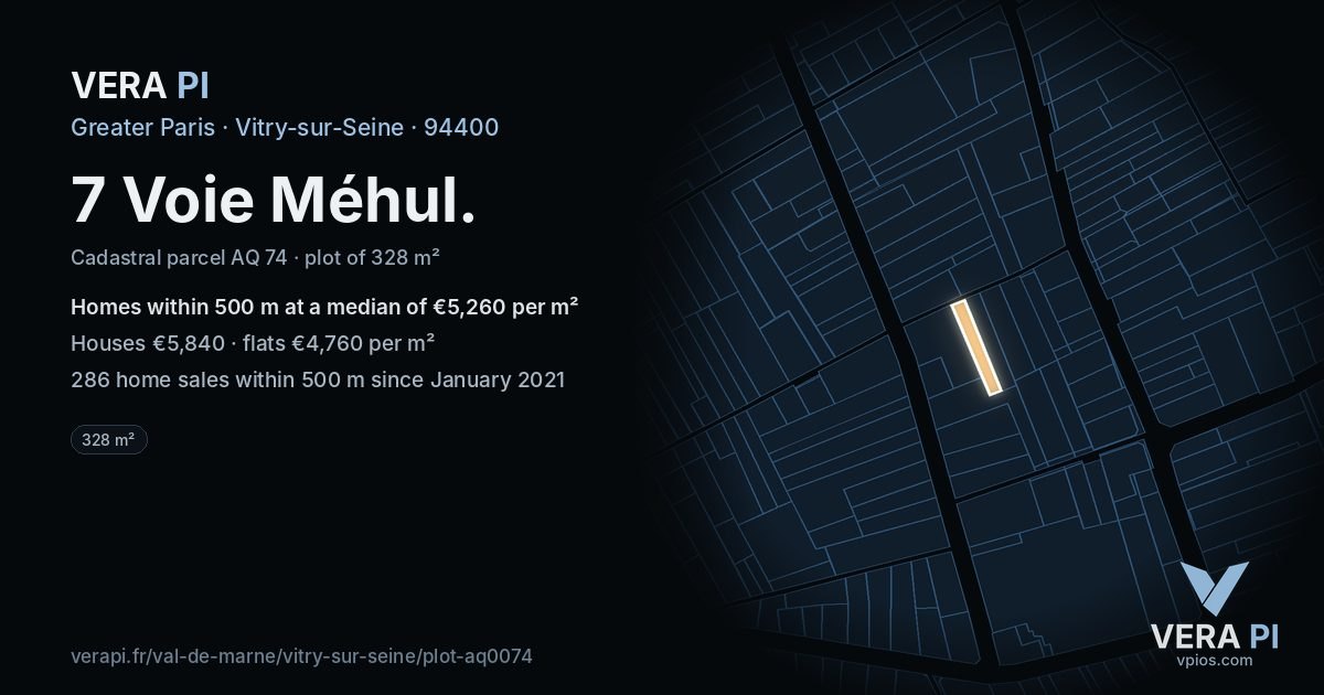 7 Voie Méhul, Vitry-sur-Seine at night – the plot lit, the parcels around coloured by the prices near them