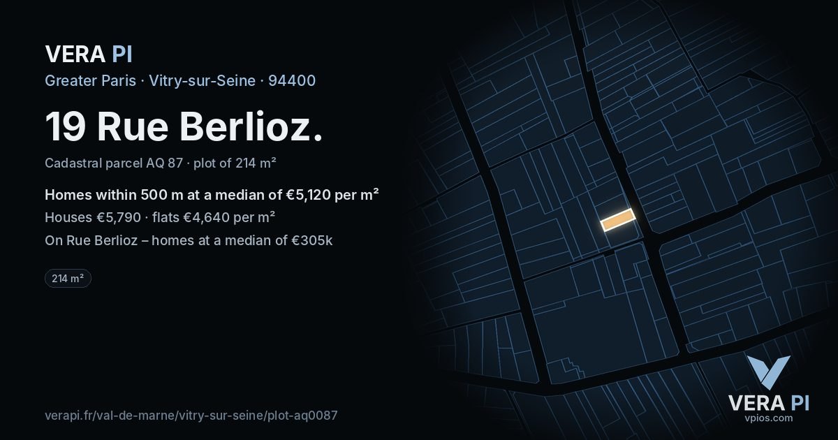 19 Rue Berlioz, Vitry-sur-Seine at night – the plot lit, the parcels around coloured by the prices near them