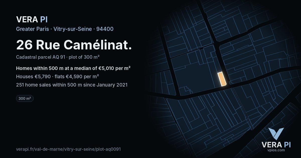 26 Rue Camélinat, Vitry-sur-Seine at night – the plot lit, the parcels around coloured by the prices near them