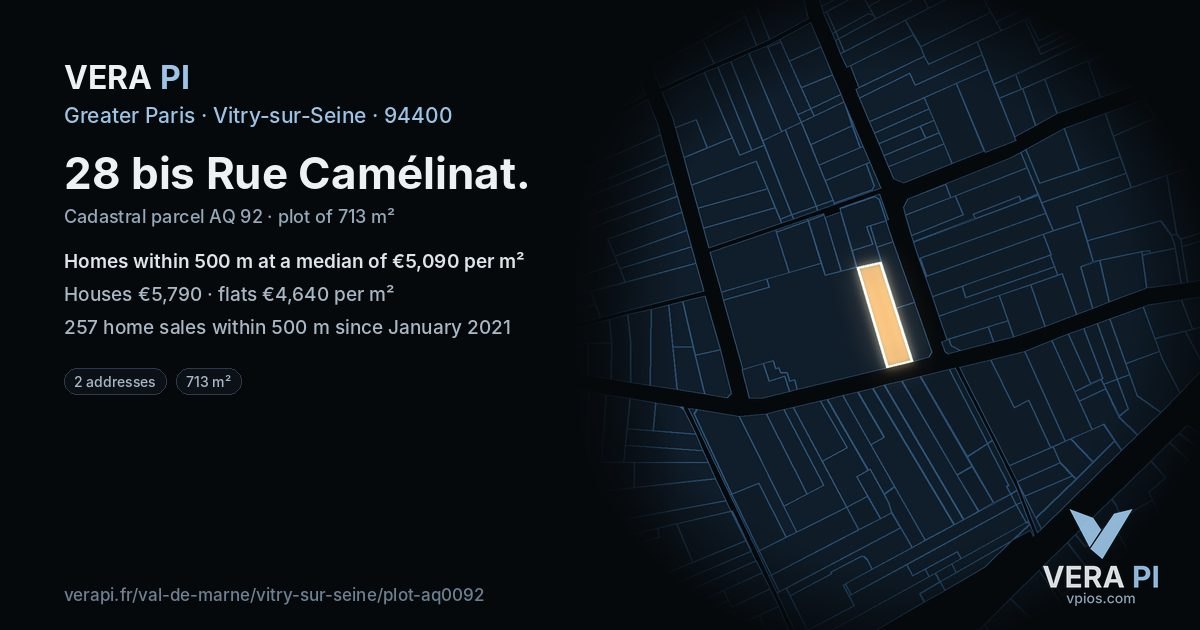 28 bis Rue Camélinat, Vitry-sur-Seine at night – the plot lit, the parcels around coloured by the prices near them