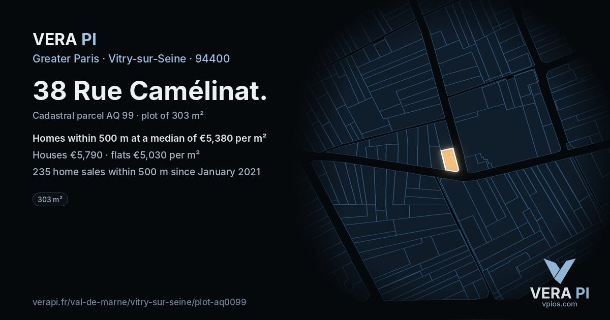 38 Rue Camélinat, Vitry-sur-Seine at night – the plot lit, the parcels around coloured by the prices near them