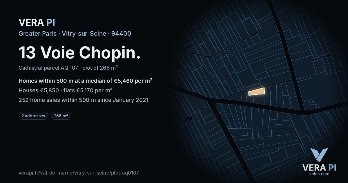 13 Voie Chopin, Vitry-sur-Seine at night – the plot lit, the parcels around coloured by the prices near them