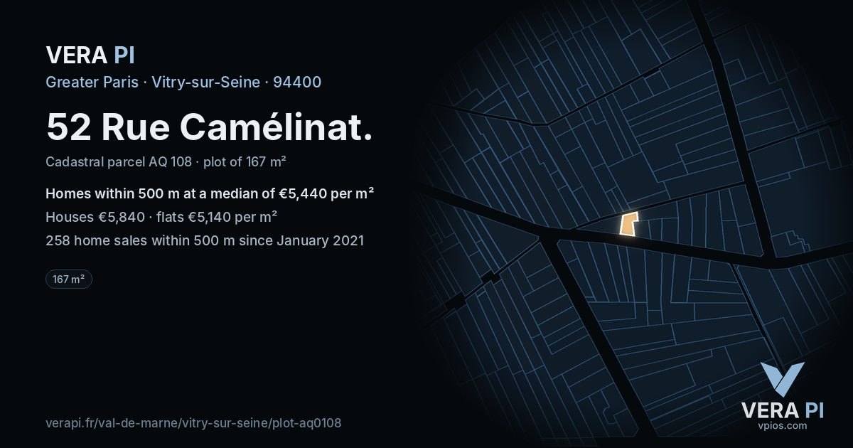 52 Rue Camélinat, Vitry-sur-Seine at night – the plot lit, the parcels around coloured by the prices near them