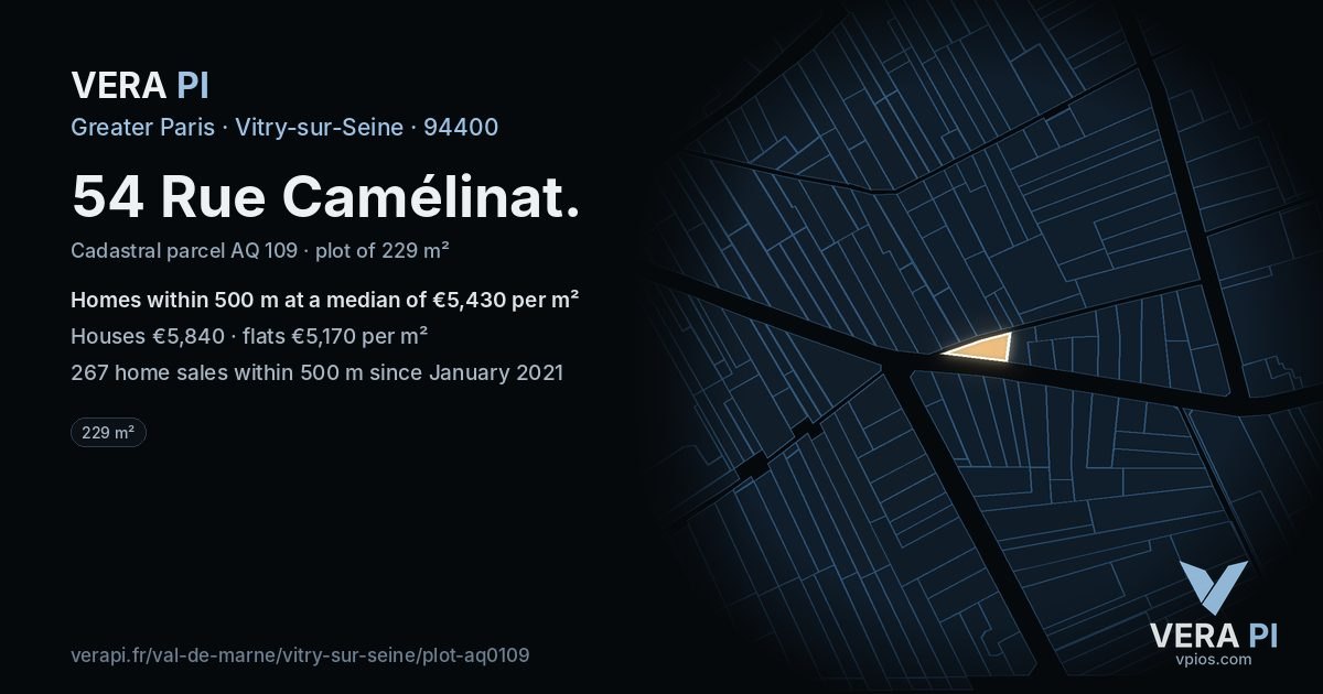 54 Rue Camélinat, Vitry-sur-Seine at night – the plot lit, the parcels around coloured by the prices near them