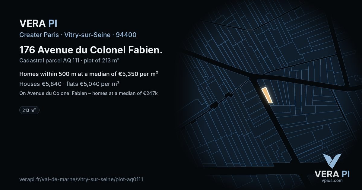 176 Avenue du Colonel Fabien, Vitry-sur-Seine at night – the plot lit, the parcels around coloured by the prices near them