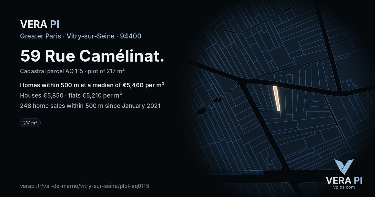 59 Rue Camélinat, Vitry-sur-Seine at night – the plot lit, the parcels around coloured by the prices near them