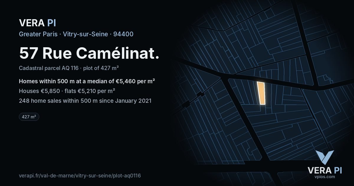 57 Rue Camélinat, Vitry-sur-Seine at night – the plot lit, the parcels around coloured by the prices near them