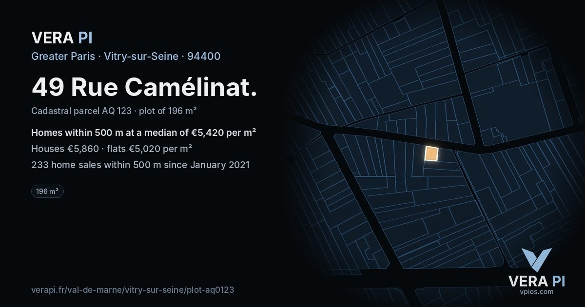 49 Rue Camélinat, Vitry-sur-Seine at night – the plot lit, the parcels around coloured by the prices near them