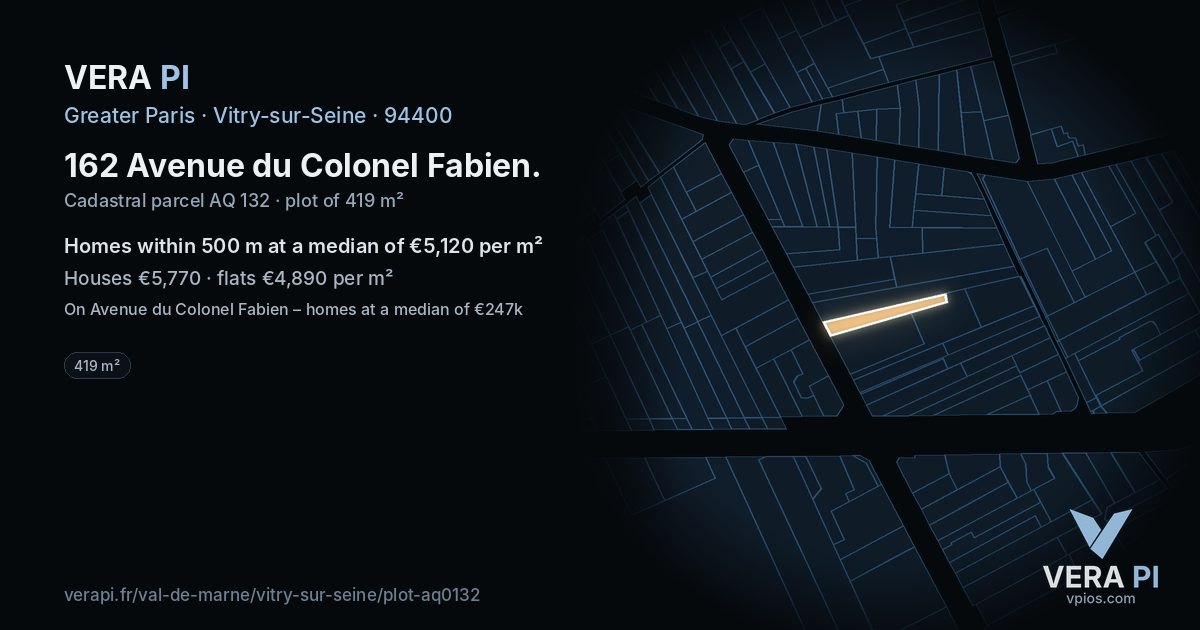 162 Avenue du Colonel Fabien, Vitry-sur-Seine at night – the plot lit, the parcels around coloured by the prices near them