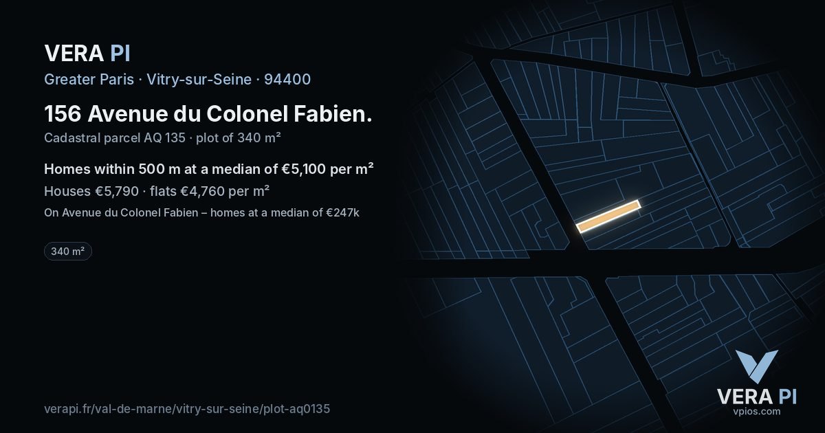 156 Avenue du Colonel Fabien, Vitry-sur-Seine at night – the plot lit, the parcels around coloured by the prices near them
