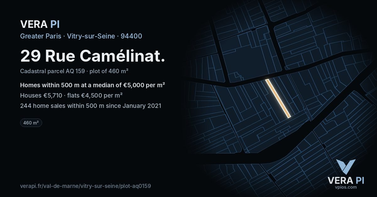 29 Rue Camélinat, Vitry-sur-Seine at night – the plot lit, the parcels around coloured by the prices near them